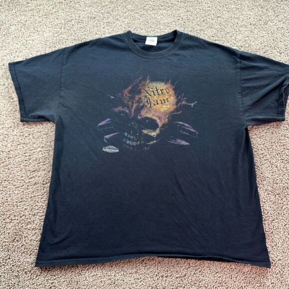 Nitro Jam Shirt Mens Extra Large Black Skull Smoke Drag Racing Casual FLAW - Picture 1 of 12